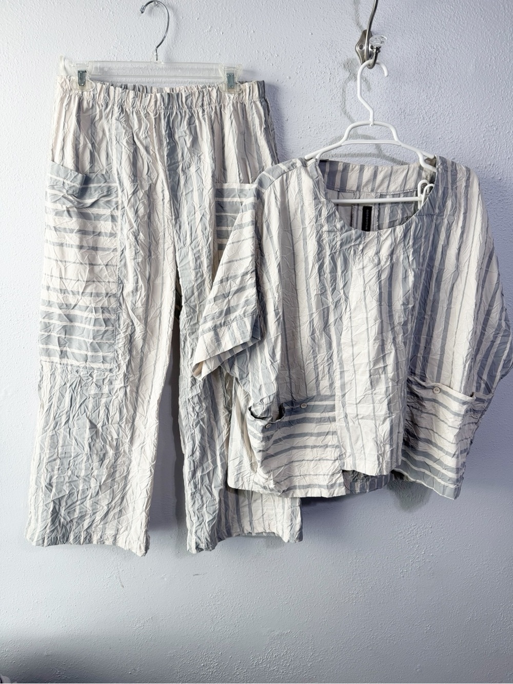Relaxed Striped Cotton Pantsuit in Cream and Gray medium